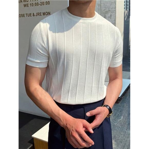 Men Solid Ribbed Knit Top, Elegant Men Shirt - Picture 4 of 9